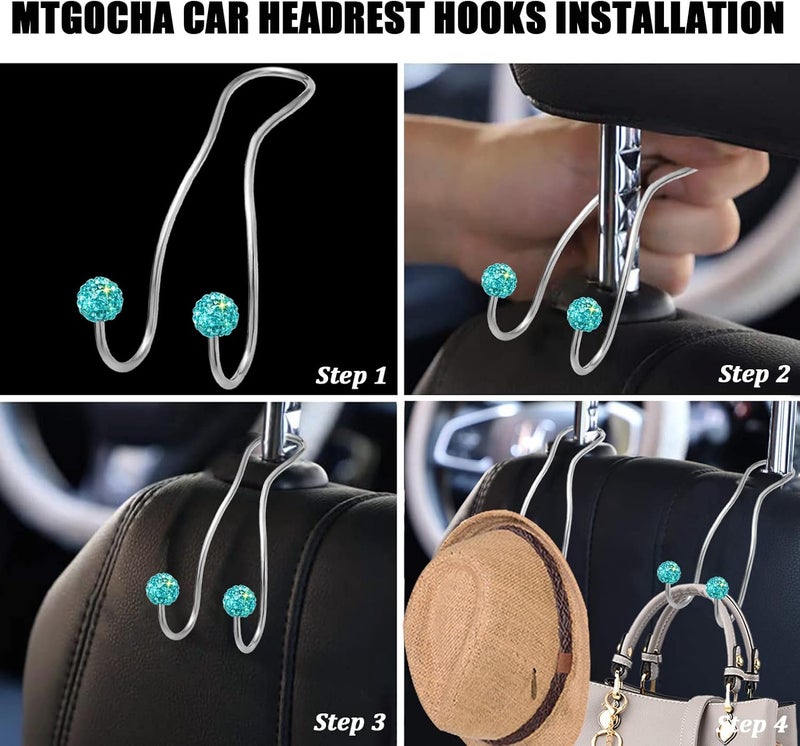 MTGOCHA Bling Purse Hook for Car Headrest, Upgraded Cute Car Seat Hooks for Bag Handbag, Durable Stainless Auto Purse Hanger Holder 2 Pack, Lake Blue - Image 4